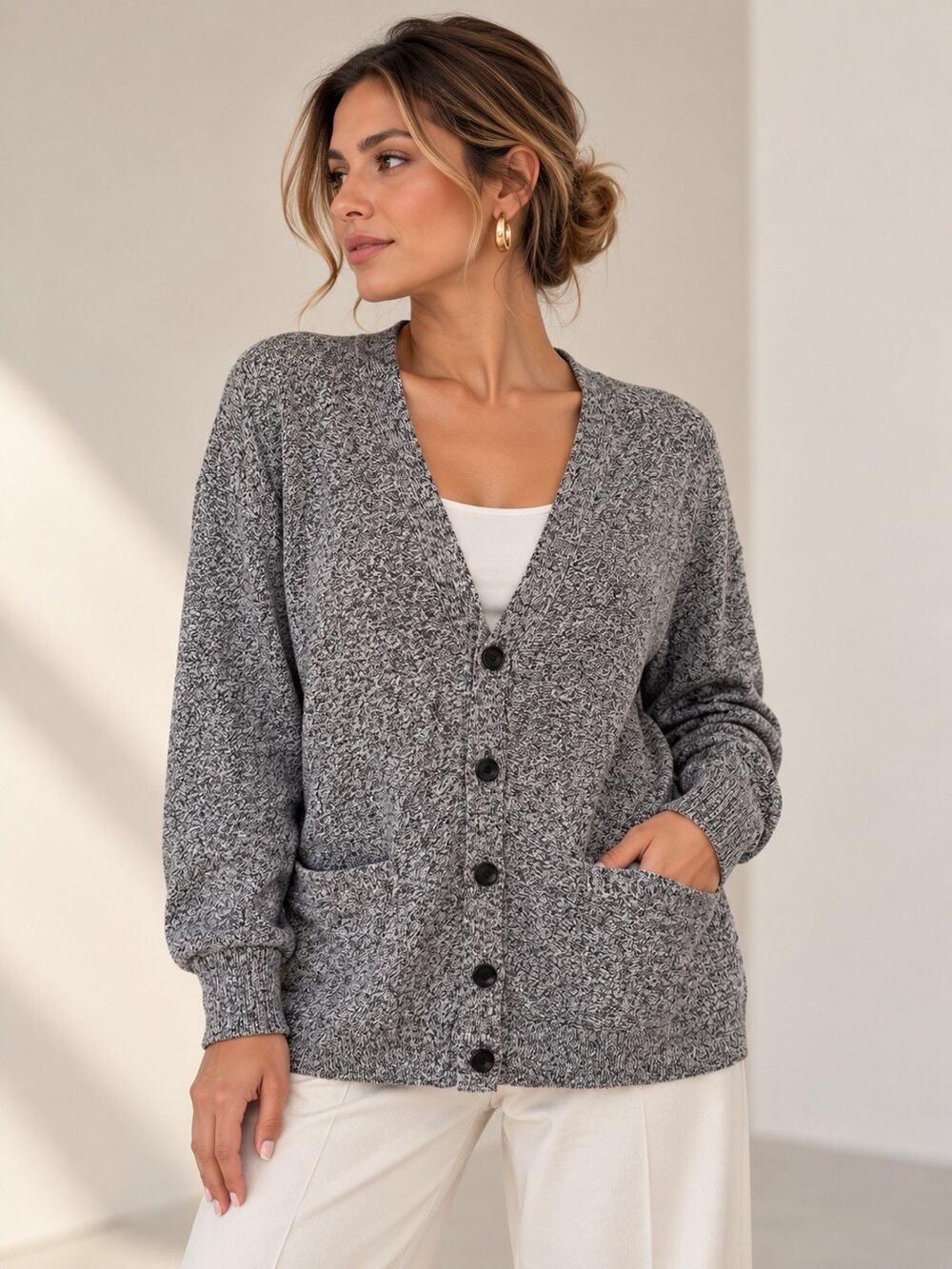 Club Monaco Cardigan L Black White Marled 100% Cotton V Neck Button Pocket Knit